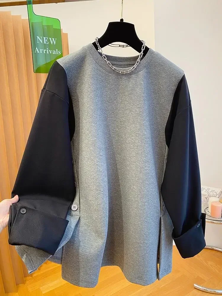 SuperAen النمط الأوروبي والأمريكي رمادي موضة المرقعة بأكمام طويلة البلوز المرأة بلوزات فضفاضة منتصف طول