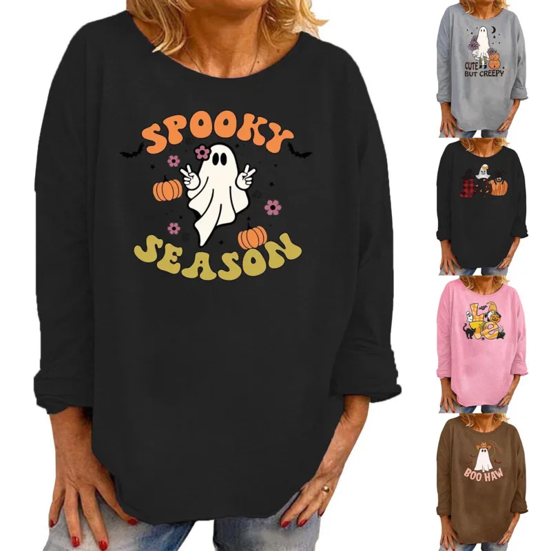 

Halloween Letter Print Long Sleeved Shirt Cute Ghost Pumpkin Print Round Neck Casual Loose Lovers Clothing Children's Gift