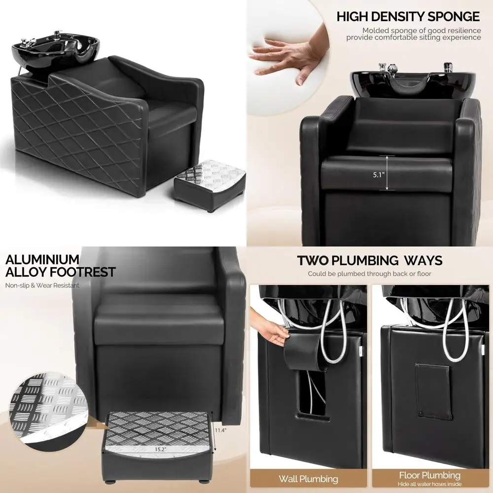

Salon Hair Washing Station with Ceramic Sink, Shampoo Bowl and Chair Set, Complete with Neck Rest and Back Support