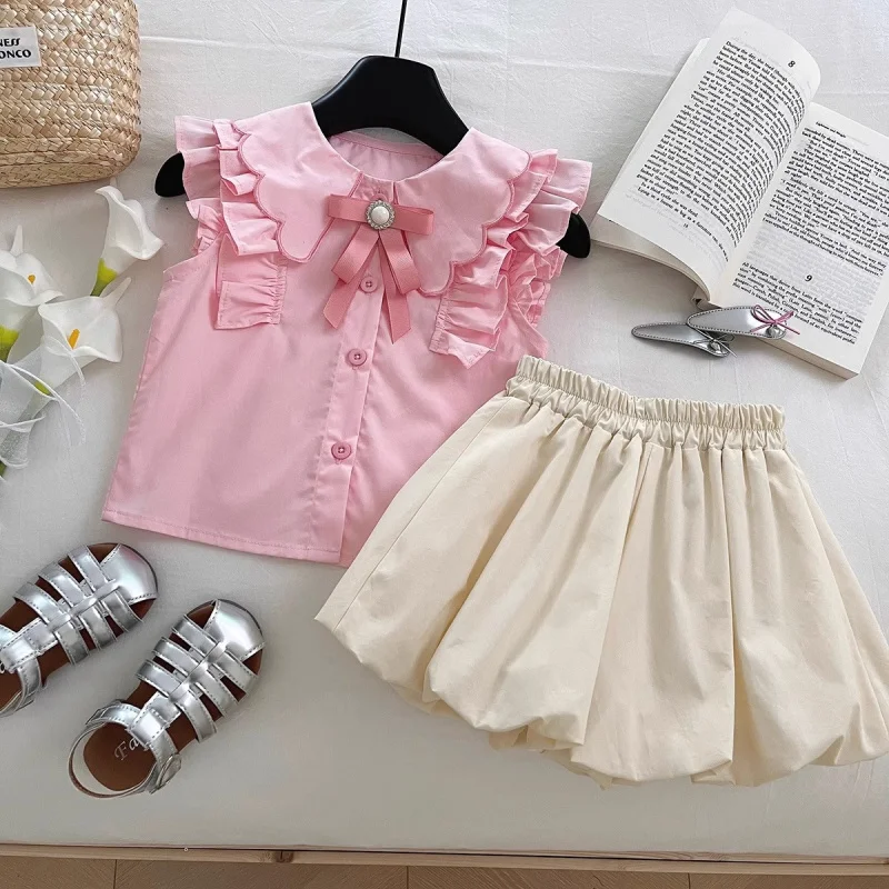 

TOY-2025New Style Girls' Flutter Sleeve Shirt and Shorts Two-Piece Set Children's Fashionable Bloomers Sweet Cotton Outfit