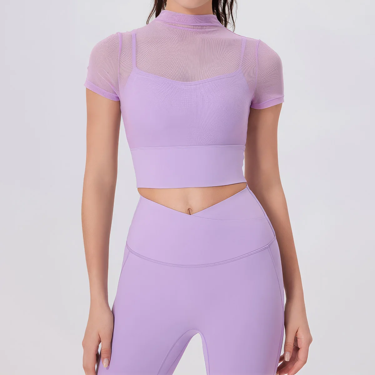 مجموعة اليوغا 2 قطعة ملابس اللياقة البدنية مثير شبكة قصيرة الأكمام أعلى زبداني لينة طماق الصالة الرياضية البدلة في الهواء الطلق الجري ملابس رياضية تجريب #2
