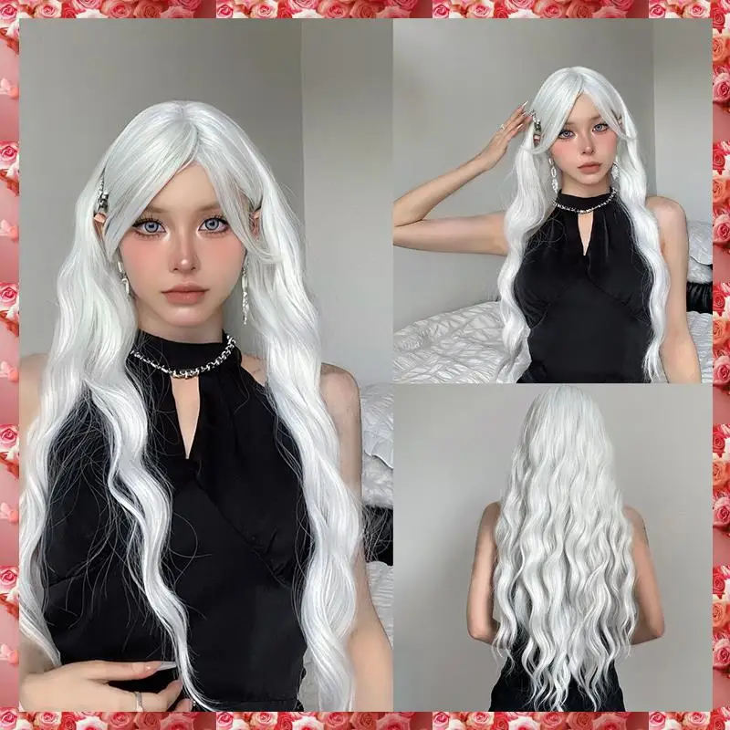 Parrucca lunga da donna con onda d'acqua Parrucca con frangia Parrucca setosa cosplay colorata bianca per le donne Festa quotidiana Capelli sintetici resistenti al calore -C