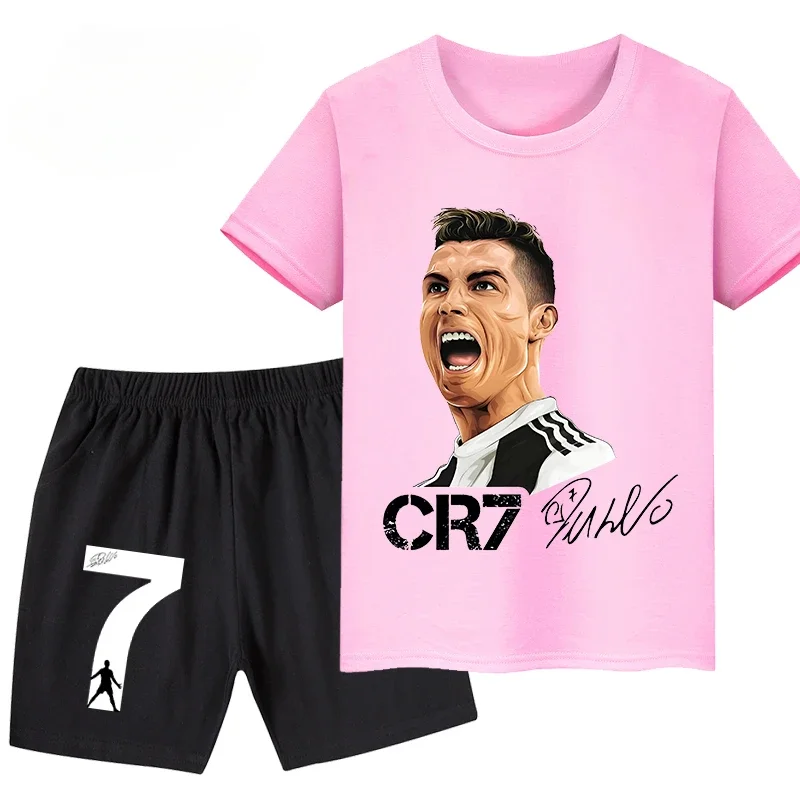 2024 Ronaldo Football Player CR7 stampato abbigliamento per bambini t-shirt Casual + pantaloncini 2 pezzi set Summer Kids Boys Fashion Sportsuits