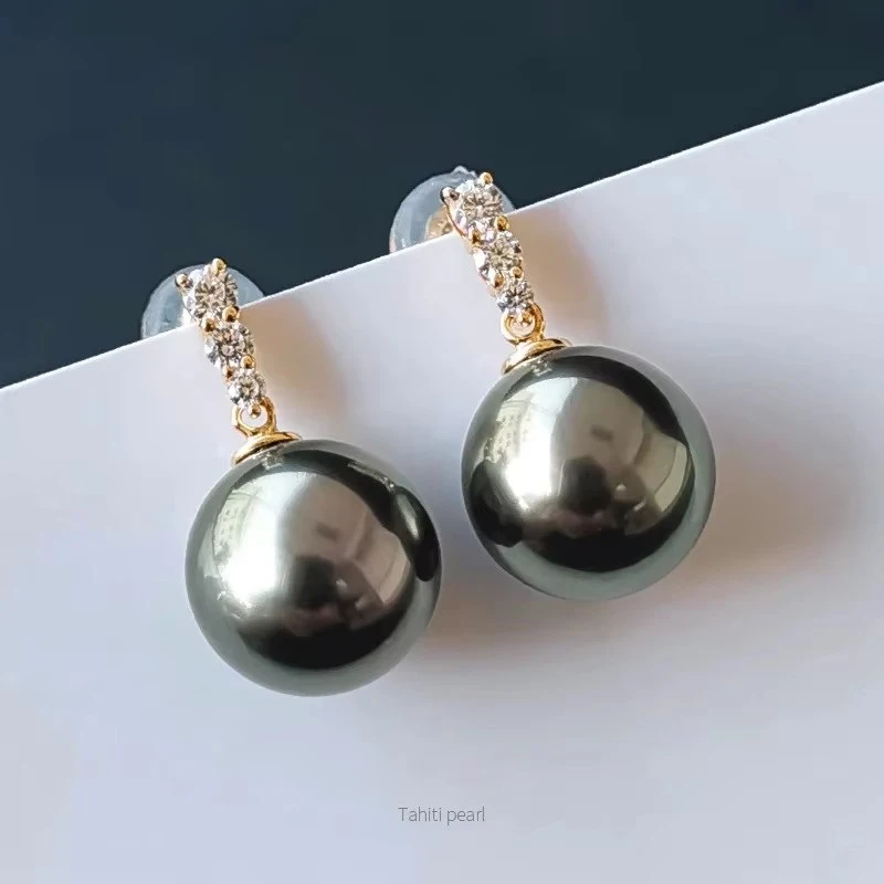 

Genuine 18K Tahitian Pearl Earrings For Women,Luxury Round Big Natural Black Gold Pearl Earrings AU750 Engagement Wife Gifts