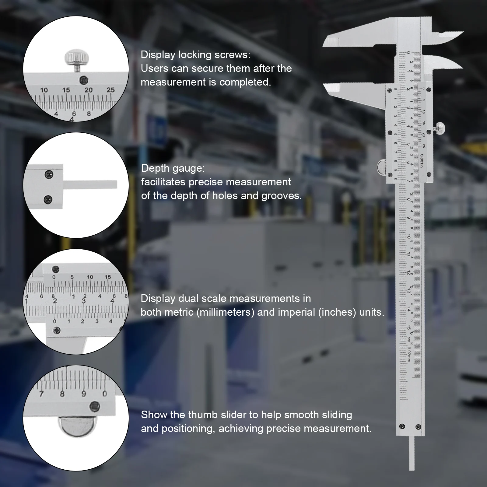 Imagem -05 - Aço Carbono Métrica & Imperial Escalas Duplas Vernier Caliper Gauge Slide Caliper Ferramenta de Medição com Pano de Limpeza Macio 0150 mm de