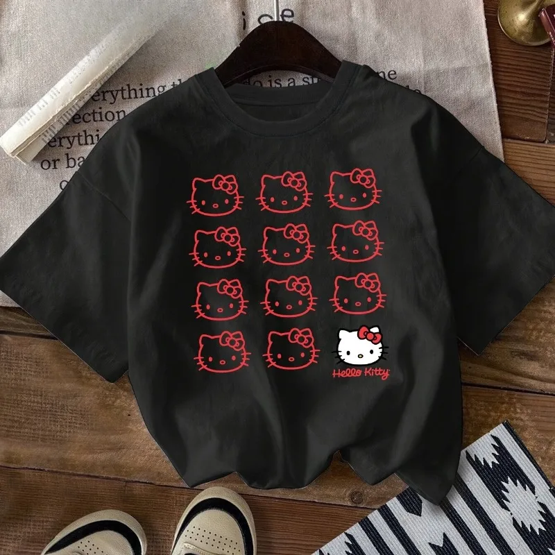 المرأة مرحبا كيتي لطيف تي شيرت مطبوع لصيف 2025 رواية عادية فضفاض متعدد الوظائف Y2K القطن قصير الأكمام