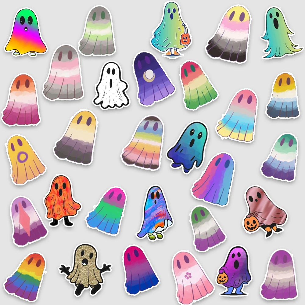 30 autocollants fantômes arc-en-ciel mignons DIY, esthétique Halloween, autocollants en vinyle imperméables pour ordinateur portable, coque de téléphone, scrapbooking, cadeau
