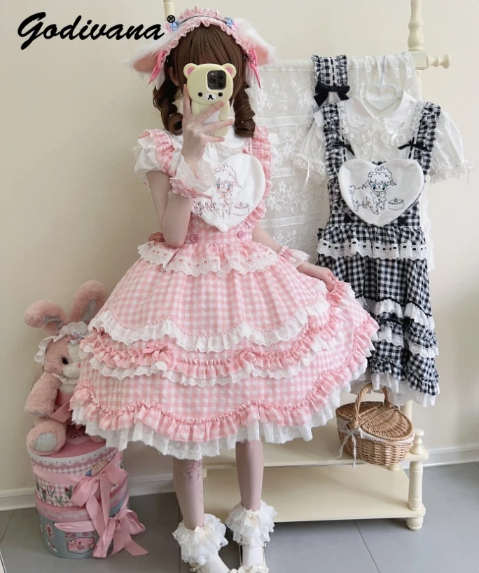 Sweet Cute Girls Lolita Dress Set Gorgeous Flower Marriage Princess Lace Bow Jsk Suspender Dress Flare Sleeve Shirt Women Outfit