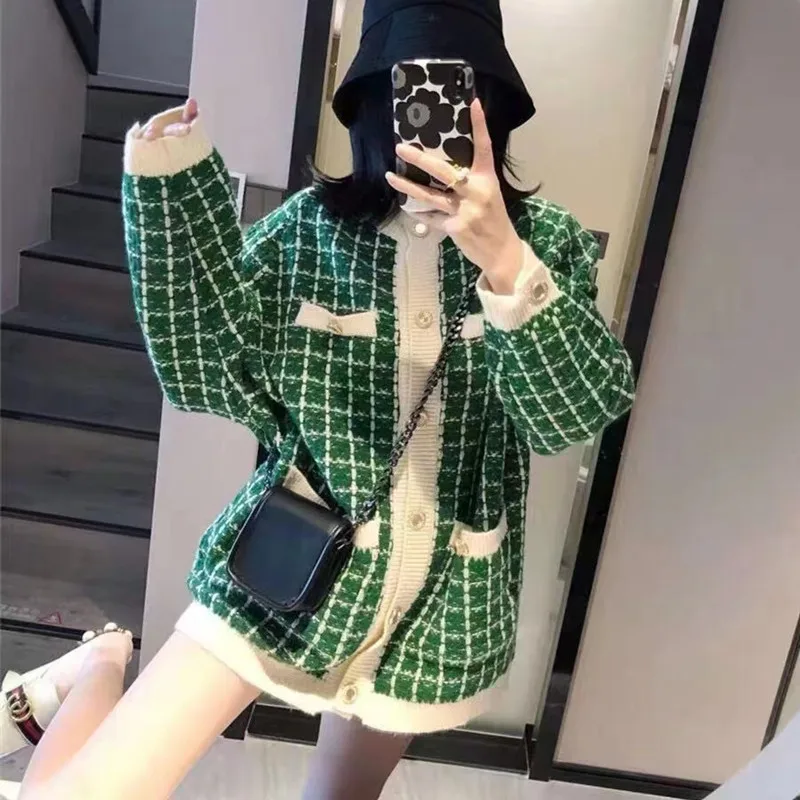 

Contrasting Color Sweater Jacket Loose 2025 Autumn and Winter Clothing New Fashion Simple Medium and Long Plaid Knitted Cardigan
