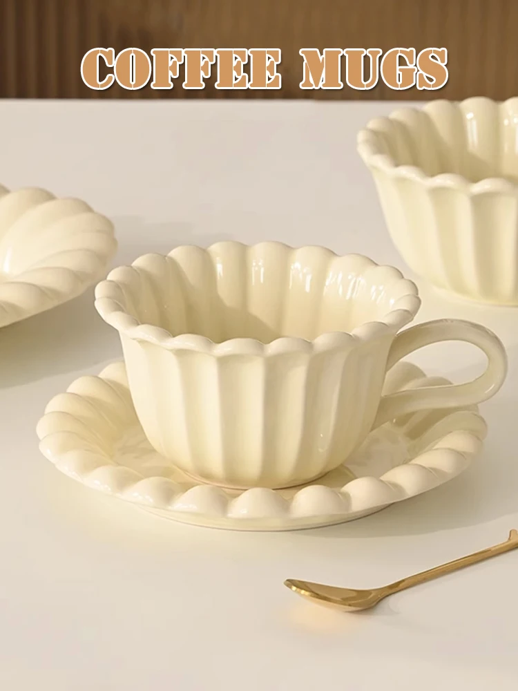 Ahunderjiaz-Cream Style Beige Coffee Cups, Cream Latte Mug, Dinnerware Plate Set with Handle, Home Kitchen Decoration