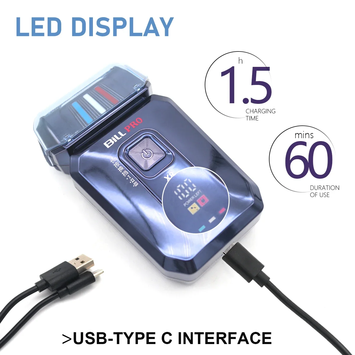 ビル X8 男性の電気シェーバーチタンブルーネットホイル 3D フローティングヘッド 8000RPM LCD ディスプレイコードレスプロフェッショナル理髪機