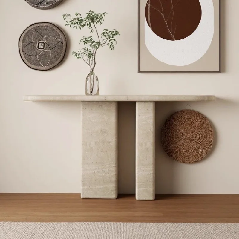 Natural travertine, entrance table, table against the wall, long table, retro wabi-sabi style corridor, ultra-narrow entrance pl