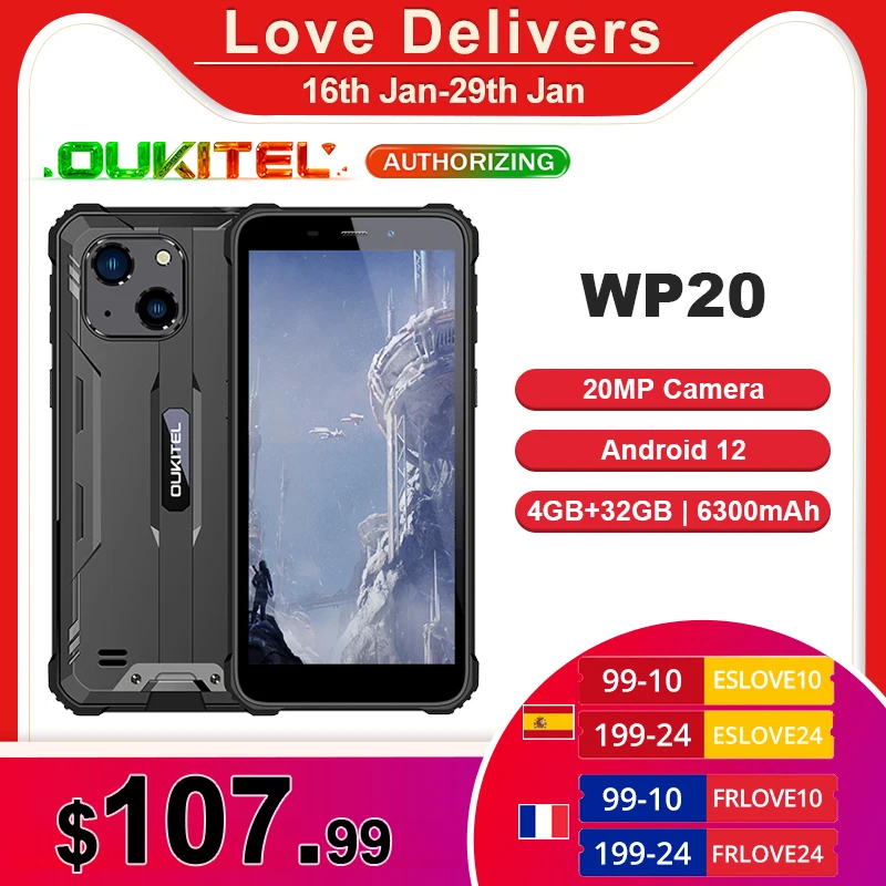 

OUKITEL WP20 Android 12 6300mAh Rugged Phone IP68 Waterproof Smartphone 5.93'' HD+ 4GB+32GB 20MP Dual Cameras 4G Mobile Phone