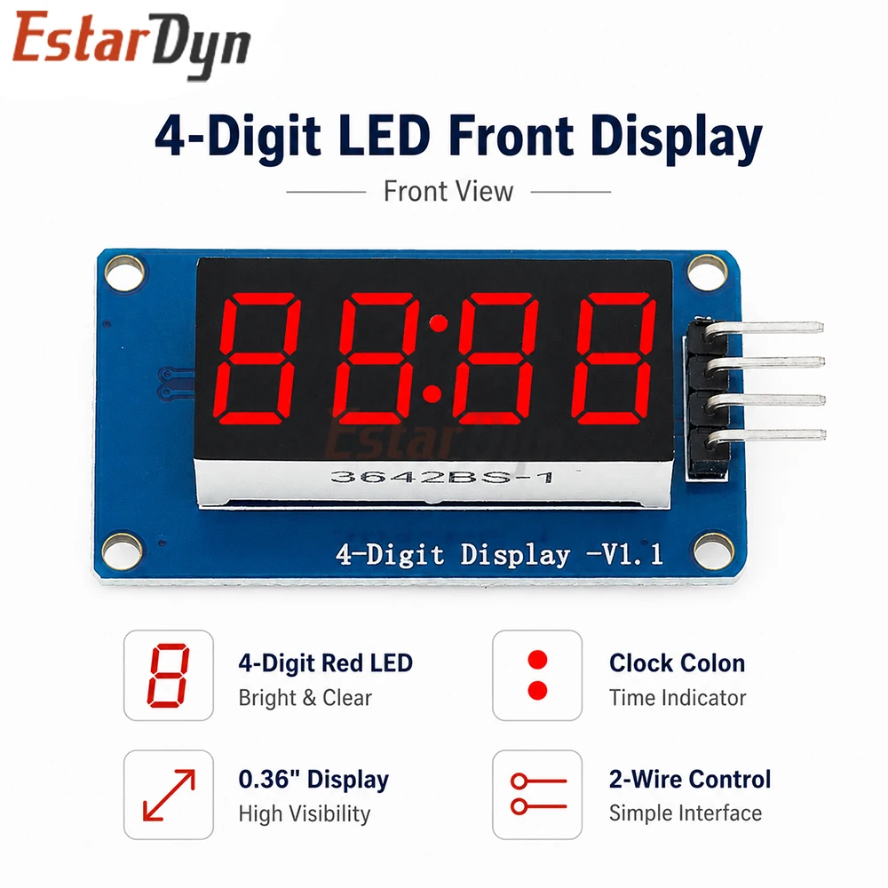 Estardyn TM1637 0.36 Inch Red 4-Digit LED Display Module 7-Segment Clock Tube Serial Driver Board
