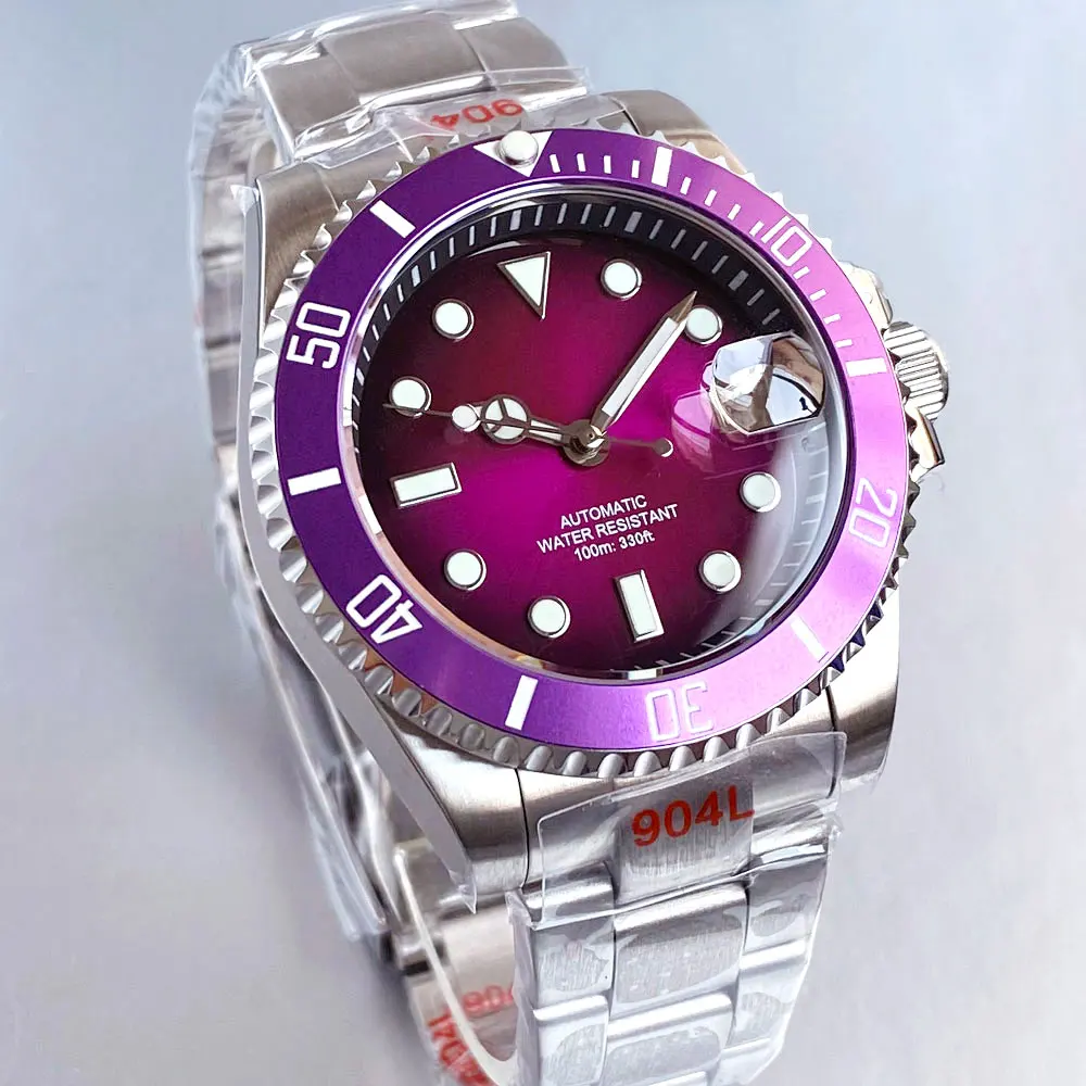 Tandorio Luxury 200M Waterproof Sunburst Yellow Purple Dial Sapphire Lume NH35 Diving Men Watch Steel Bracelet 120 Click
