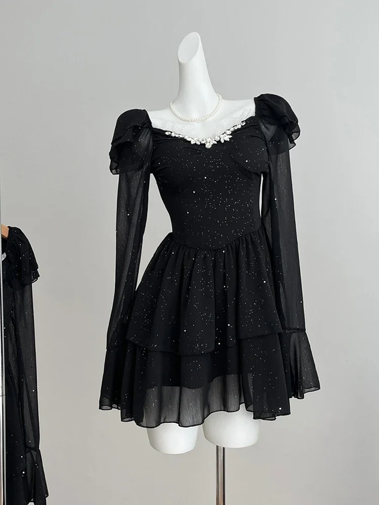

Autumn Winter Old Money French Vintage Prom Gown Dress Women Long Sleeve Rhinestone Sparkly One-Piece 2000s Aesthetic Chiffon