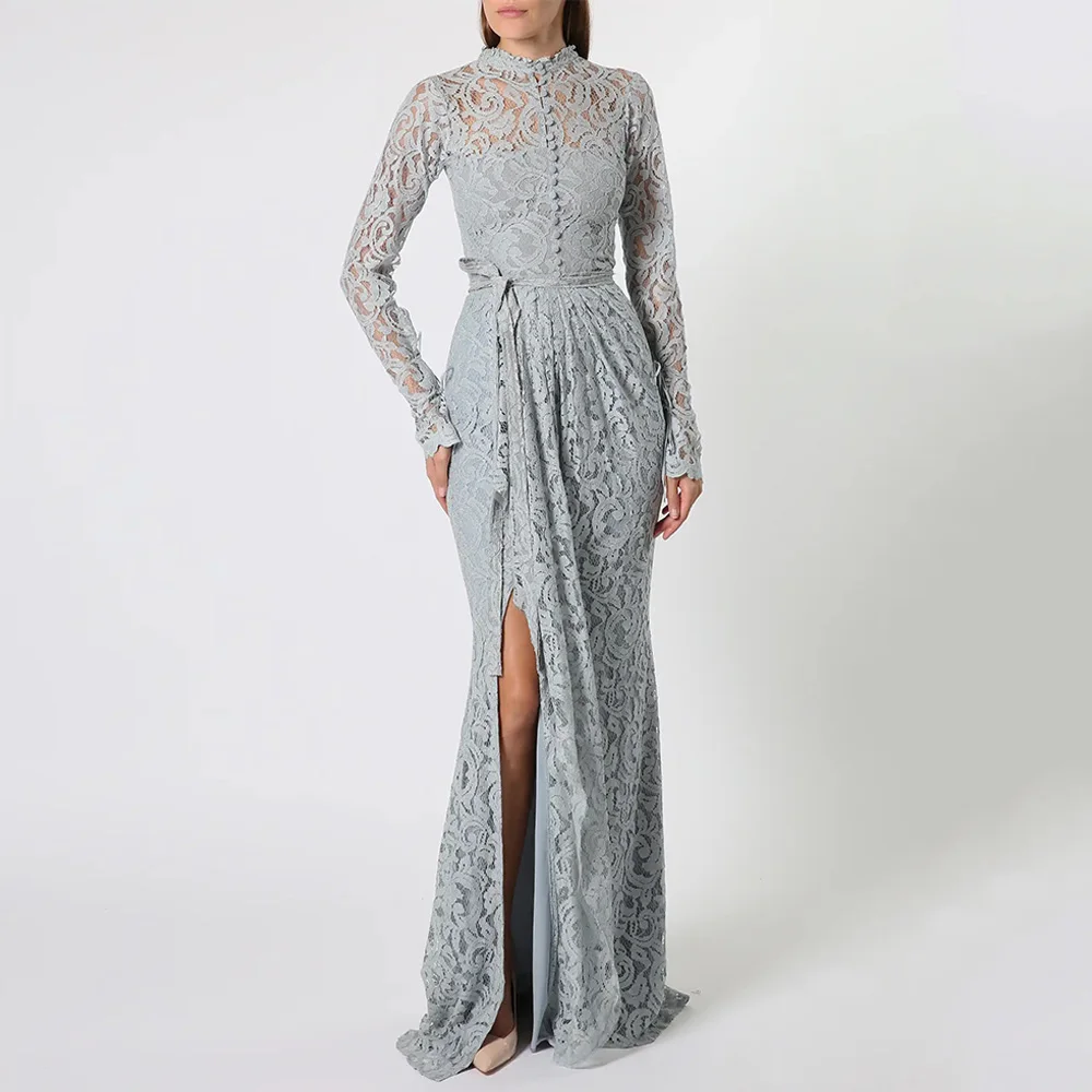 Vintage Lace Mermaid Prom Dress Customized High Neck Long Sleeve Zipper Floor Length Slit Evening Party Gown فساتين حفلة موسي