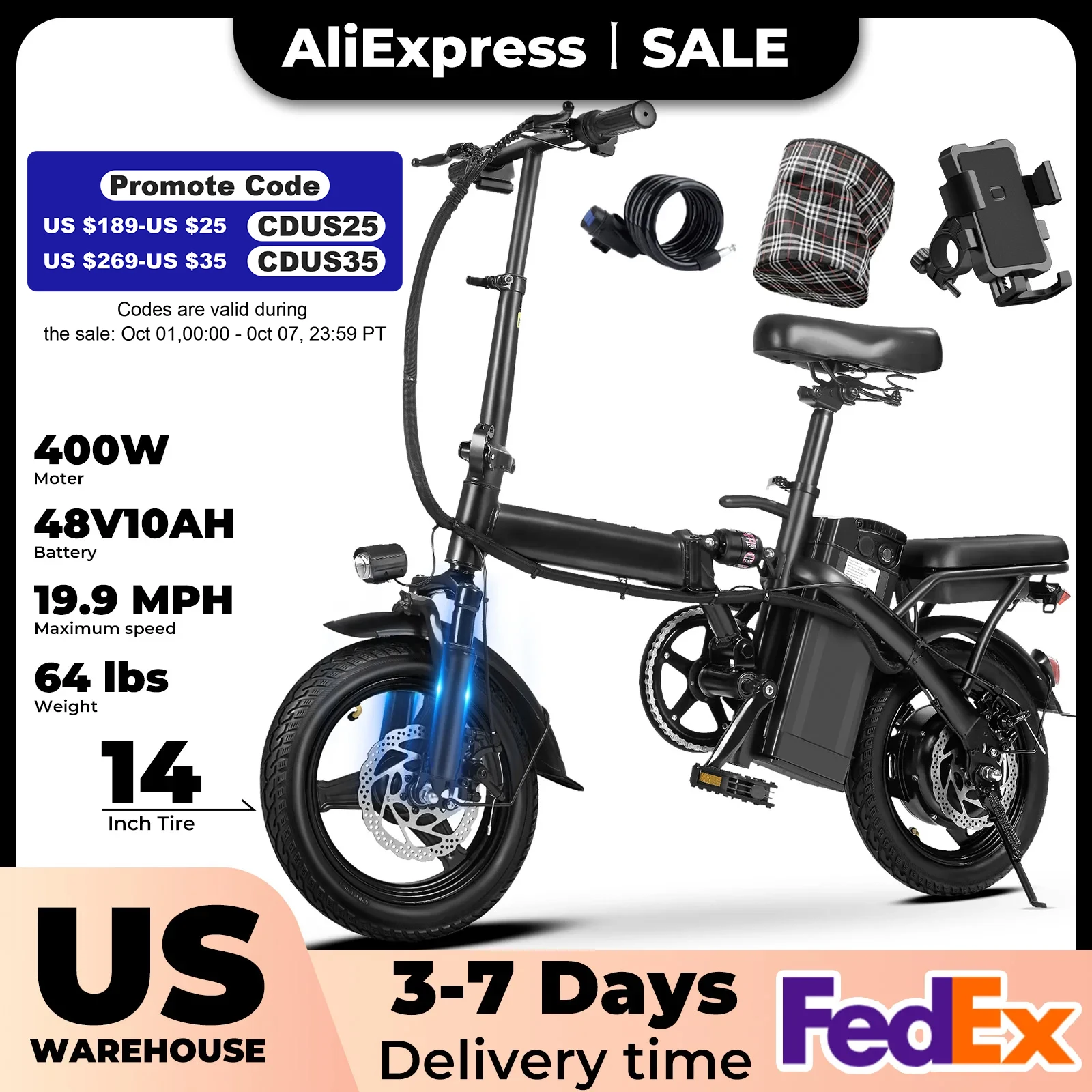 Bicicleta elétrica dobrável para adultos com freio a disco duplo 400W com assento e cesta 14 polegadas 48V 10,4Ah faixa de 22 milhas 20MPH