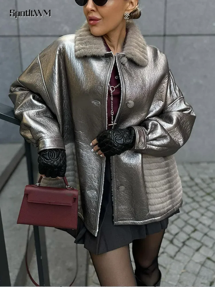 Women Fashion Silver Single-breasted Coats 2025 Chic Full Sleeve Laple Sheepskin Leather Spliced Jacket New Female Winter Outfit