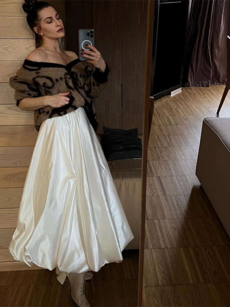 ADAgirl Elegant Satin Ball Gown High Waist A-line Maxi Bubble Skirts Long Women Pleated Luxury Old Money White Evening Dresses