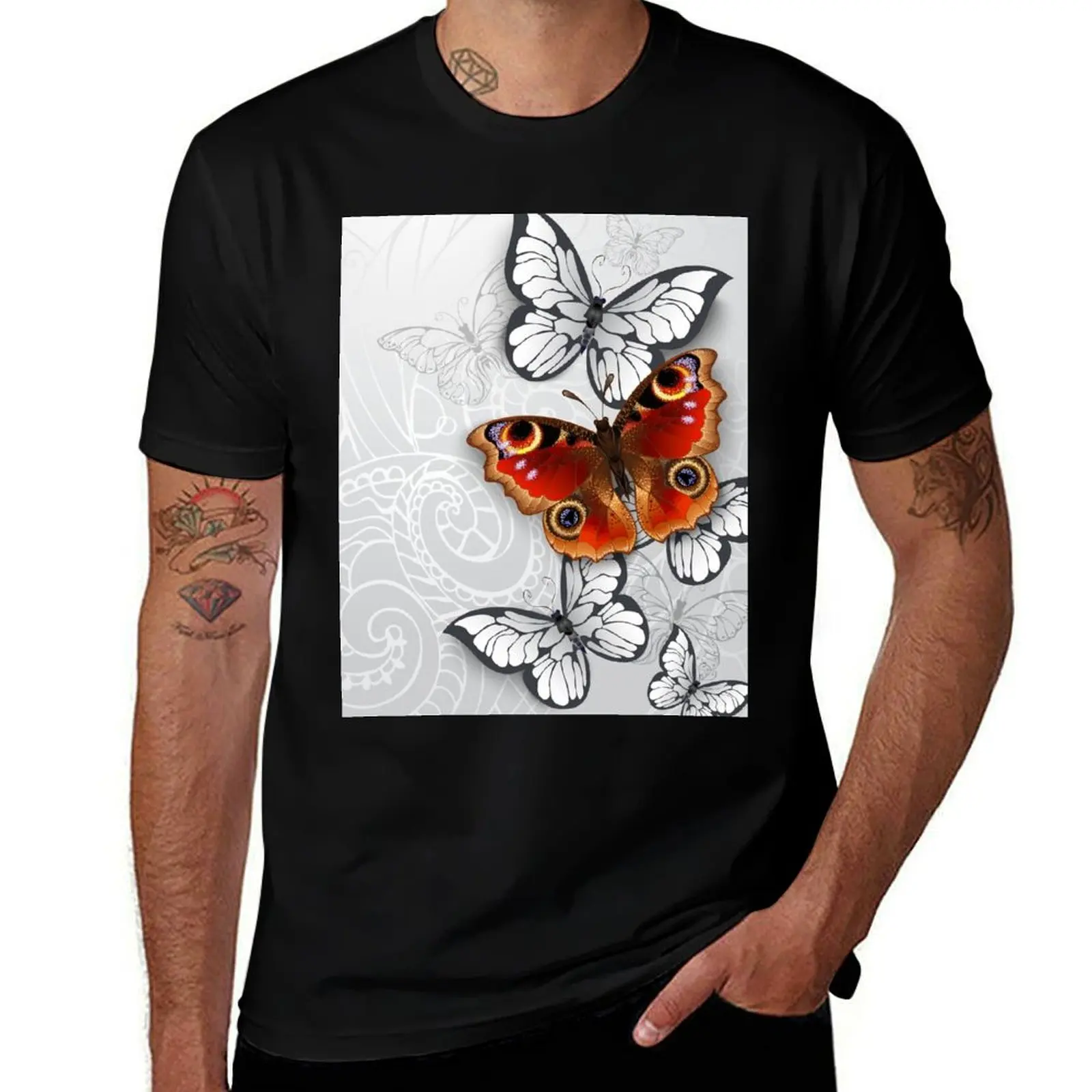 

Gray Background with Peacock Butterfly T-Shirt Soft Stretch Short Sleeve Top
