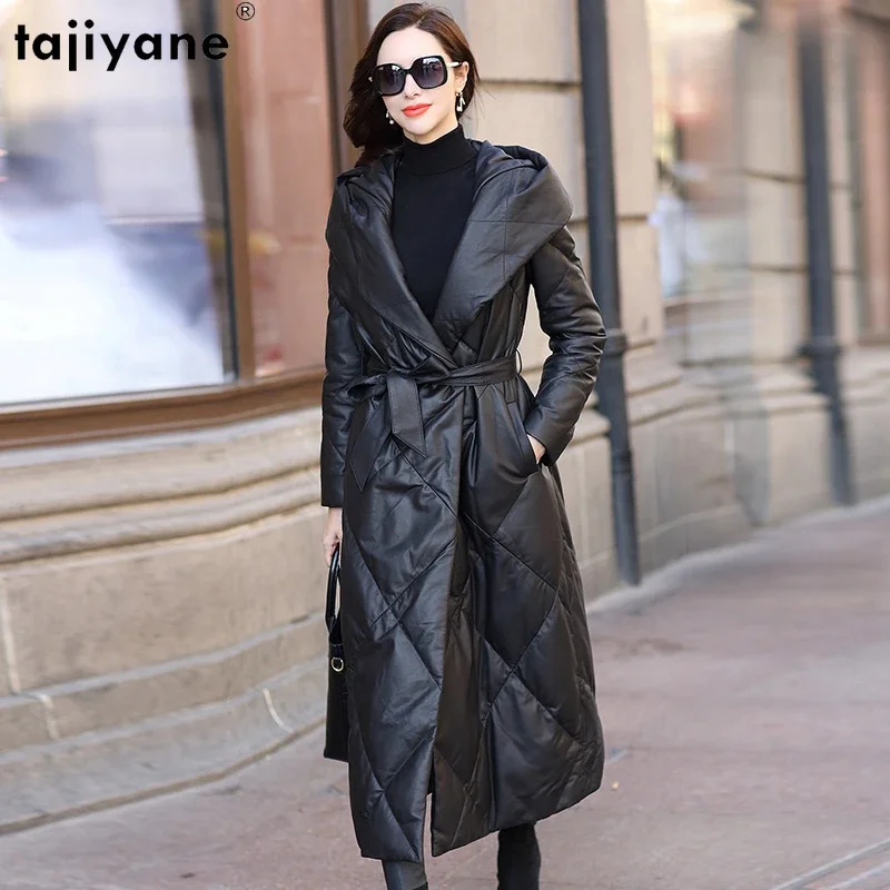 

Tajiyane Real Sheepskin Leather Down Jacket Women Winter Hooded Long Warm White Duck Down Jackets Parkas Casaco Puffer Feminino