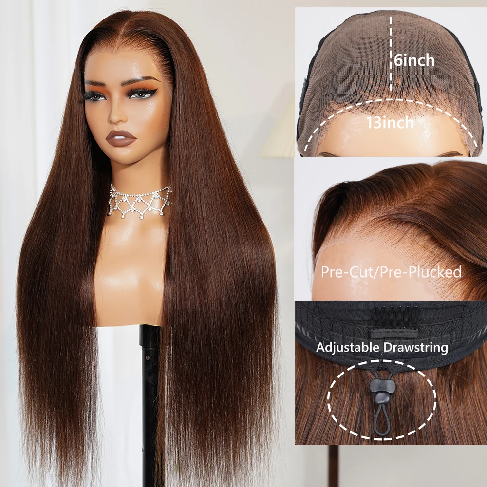 Arabella cabelo 13x6 chocolate marrom peruca sem cola sedosa reta com cordão onda reta 100% cabelo humano pré-arrancado perucas