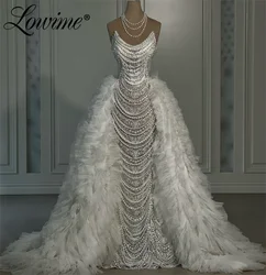 Robe De Soiree White Prom Dresses Abendkleider Beading Tassel Pearls 2 IN 1 Wedding Party Dress 2024 Arabic Long Evening Gowns