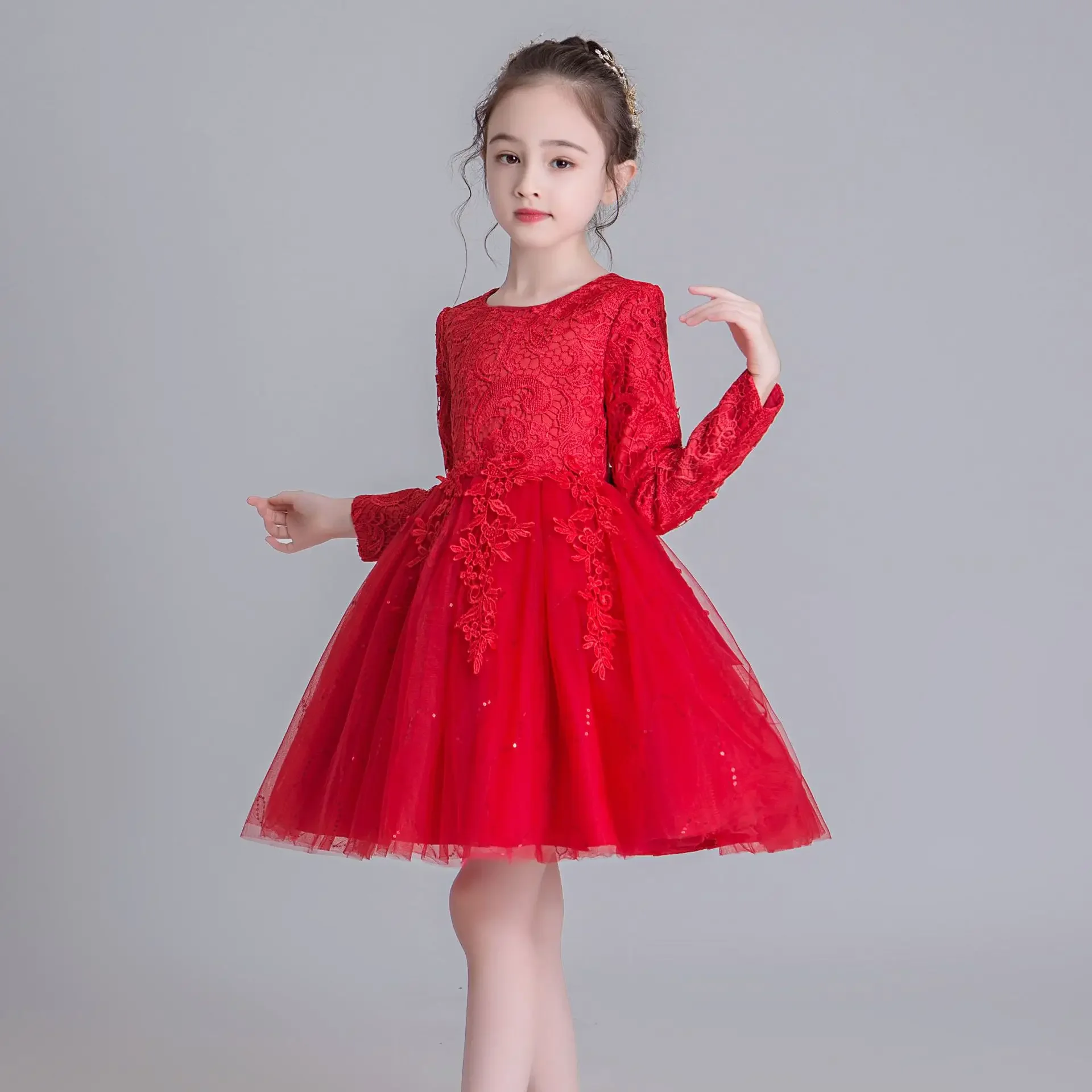 Fashion Flower Girl Dresses for Weddings Lace Long Sleeve Children Bridesmaid Dresses Spring Autumn Girls Party Dress 3-12 Years