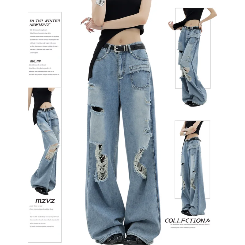 

Loose Worn Out Blue Design Women's Jeans Y2K Europe and America Solid Straight Leg Pants Street Vintage Female Summer Trousers