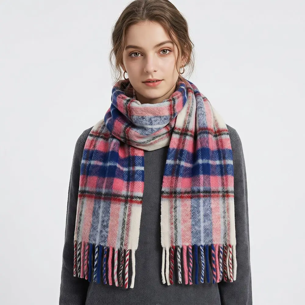 Retro Long Plaid Scarf Retro Wool Tassel Shawl Preppy Plush Women Cape Student