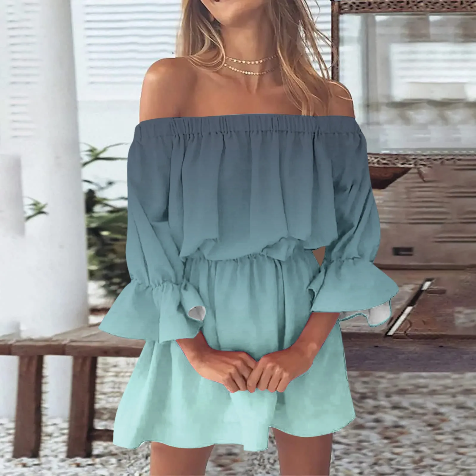 

Off Shoulder Petal Sleeve Mini Dress 2024 Summer Sexy Elegance Gradient Beach Tunic Short Dresses Bohemia Loose Casual Vestidos