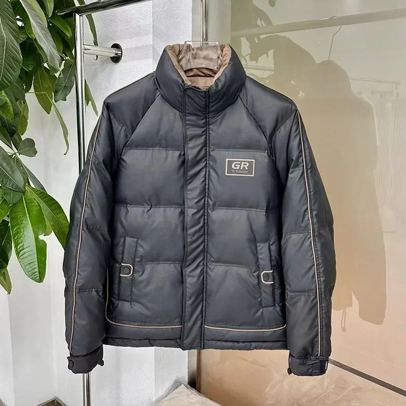 Men's Casual Grey Duck Down Coats, Autumn and Winter New Short-Thickened Jackets with Stand Collar for Fashion and Warmth