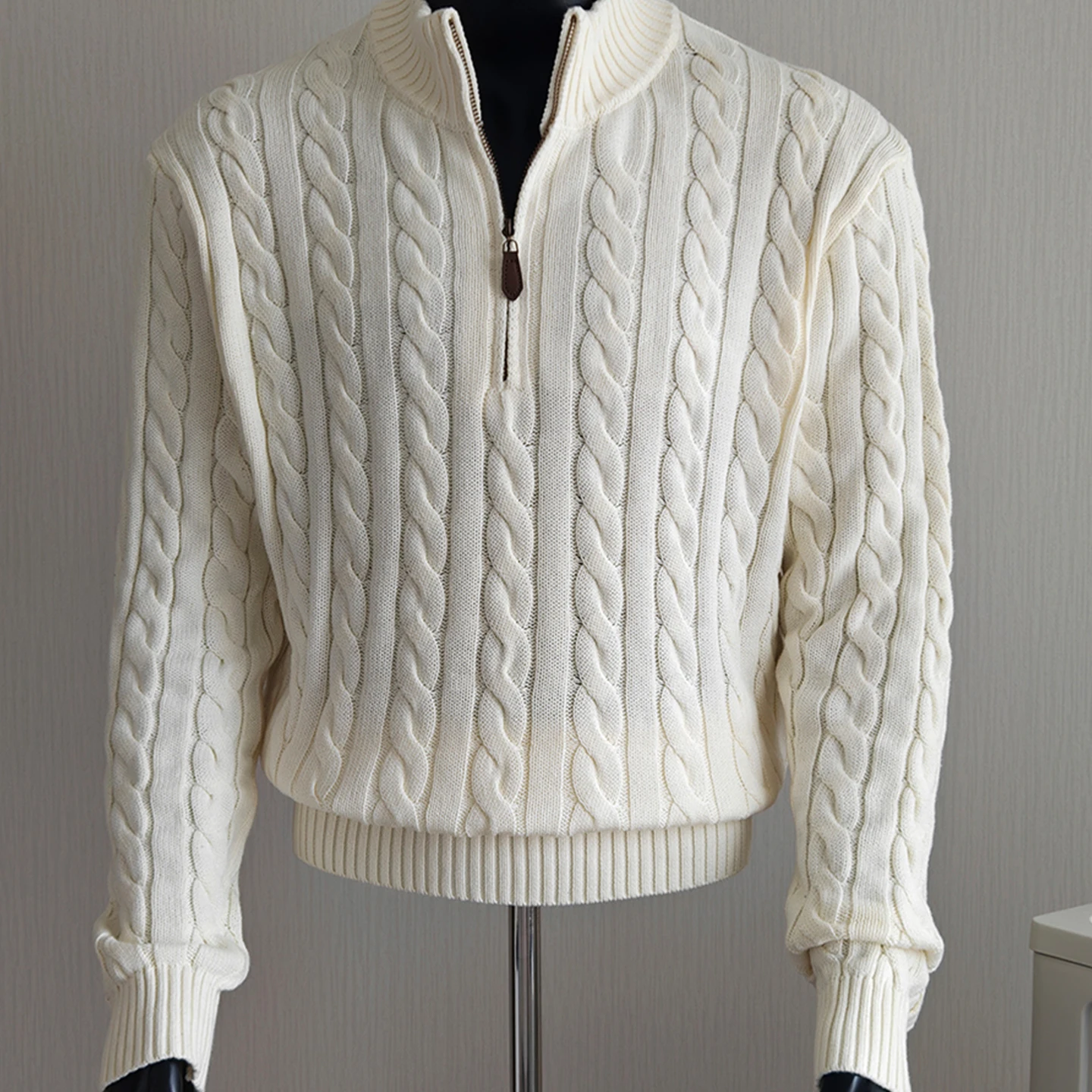 Stylish Men's Knitted Sweater Half Zip High Collar Stripe Pattern Warm Breathable Soft Fabric Autumn Wear Casual Fashion