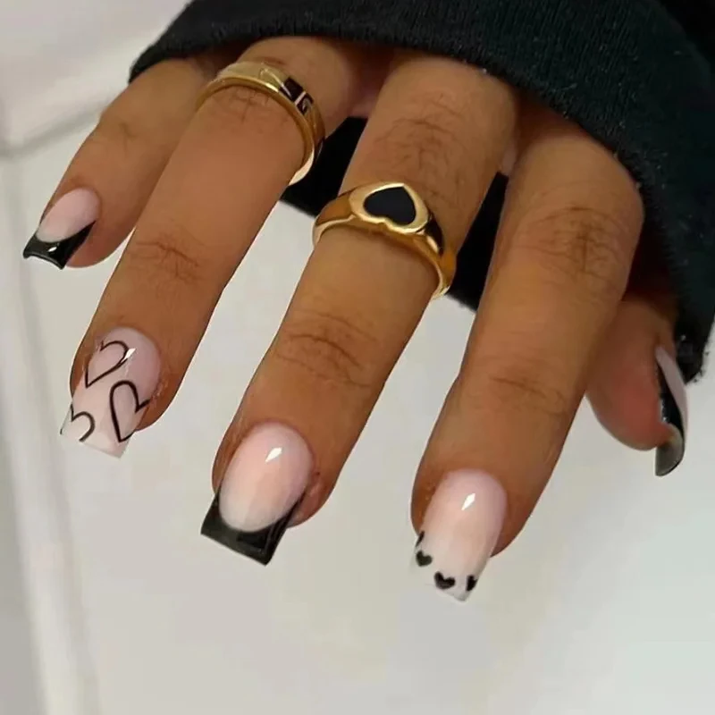 24 Pcs Reusable Adhesive False Nail with Tools French Girls Heart Medium Square Simple Self-adhesive Press on Nails with Charms