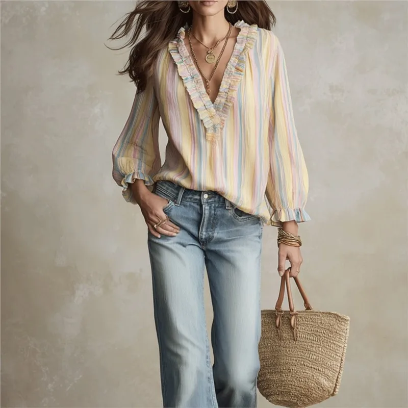 Sweet Striped Shirt Woman's Fashion V-neck Ruffled Patchwork Design Loose Top Ladies Elegant Versatile Vacation Style Blouses