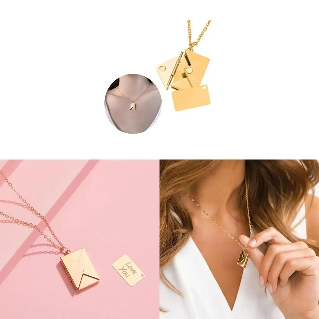 Valentine's Day Love you Secret Message Pendant Necklace Stainless Steel Can Open Photo Frame Envelope Necklace