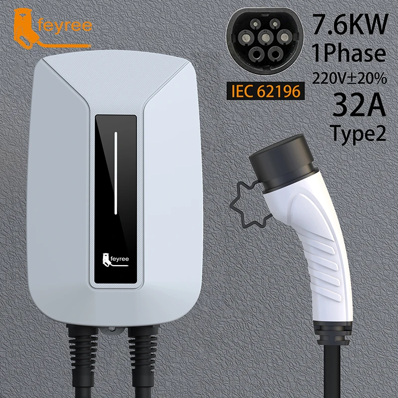 feyree EV Charger Type2 32A 7KW 1Phase IEC62196 Cord Charger Plug EVSE Wallbox Charging Station for Electric Vehicle Car Charger