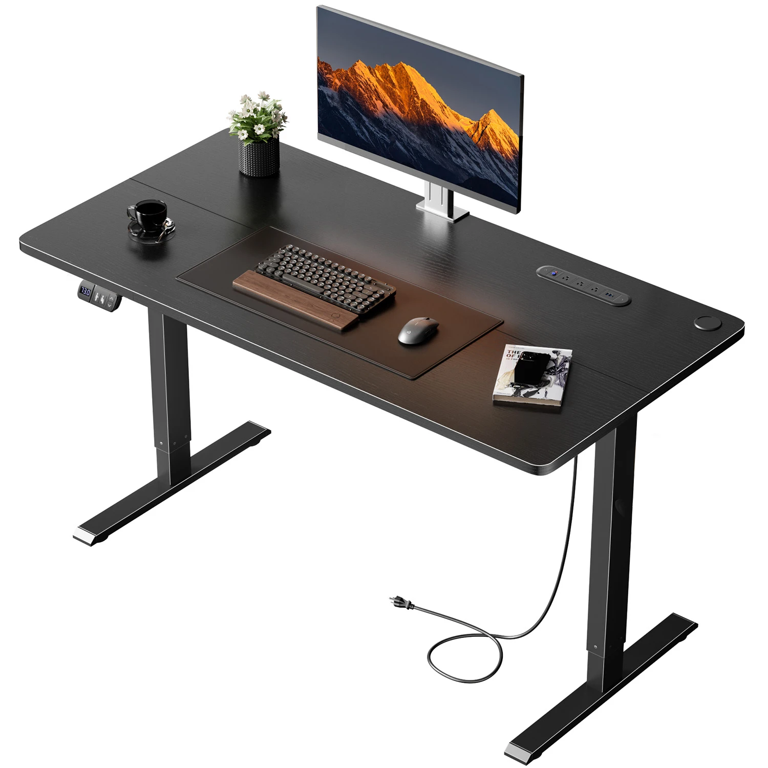 Elektrisch Höhenverstellbarer Stehschreibtisch mit Integrierten Steckdosen & USB-Anschlüssen, Sitz-Steh-Heimbüro-Schreibtisch mit Speichersteuerung & Kabelmanagement