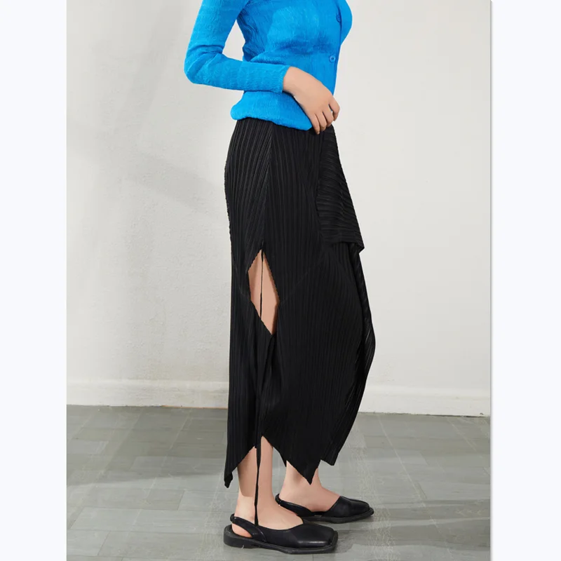 Skirts For Woman Fashion 2023 Summer New Solid Color Stretch Miyake Pleated Drawstring Irregular Female