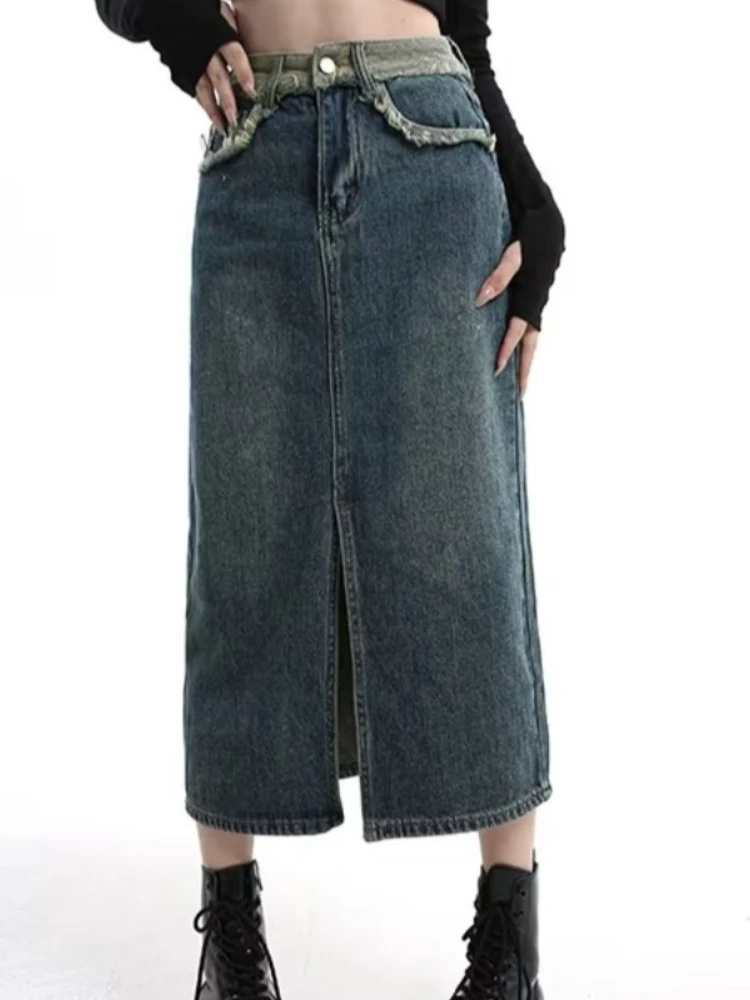 Female Denim Skirts Retro American Trendy All-match Baggy Slit-design Breathable Bottoms Daily Comfortable Schoolgirl Simple