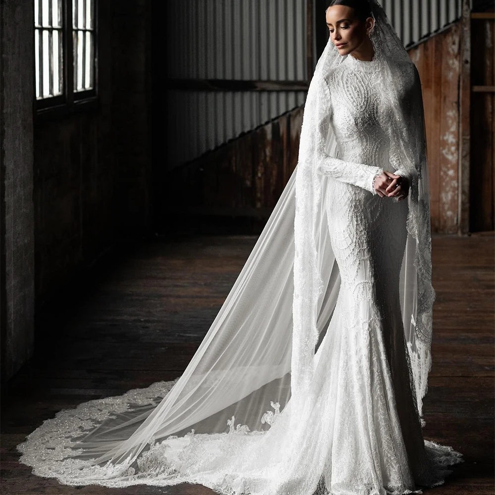 

Luxurious Muslim Wedding Dresses High Neck Long Sleeve Mermaid Bride Dress Beading Islam Bridal Gown Customized robe de mariée