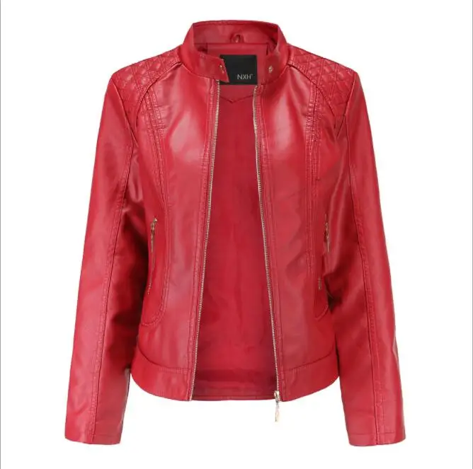 New 2024 Spring And Autumn OL Stand Collar Stand Collar Leather Jacket Women Moto Biker Coat PU Jacket Autumn Jacket Black Red