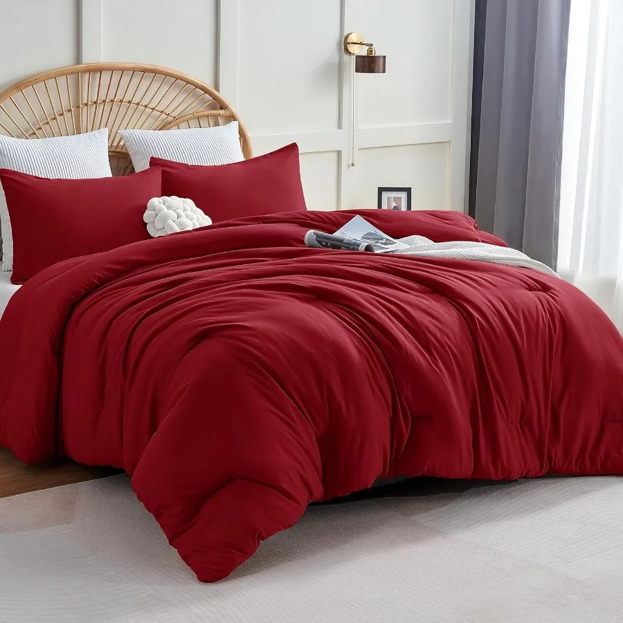 

King Size Comforter Set Dark Red 3 Pieces Solid Breathable Quilted Style Bedding Sets Luxury Fluffy Soft Bed Set with Down Alte