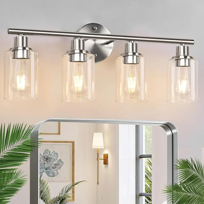 

4-Light Bathroom Light Fixtures, Brushed Nickel Modern Vanity Lights Over Mirror with Clear Glass Shade, Bathroom Wall Lamp for