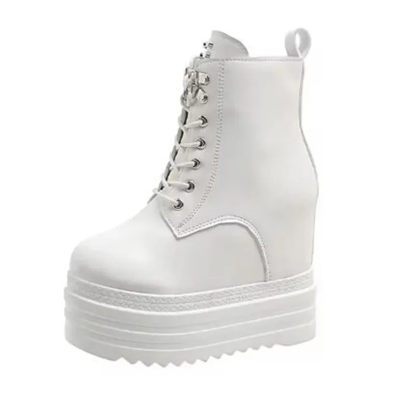 Fashion Brand Punk Style Women 12CM Platform Wedges Boots Autumn Soft Leather Metal Rivet Female Lace Up High Heel Gothic Shoes
