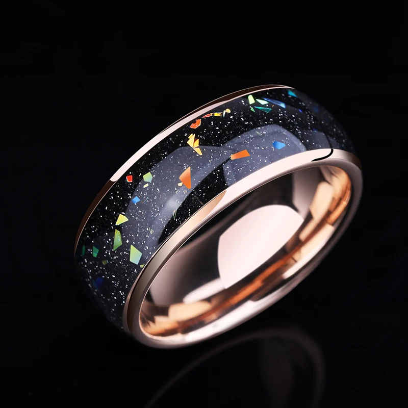 

Luxury 8MM Width Tungsten Wedding Ring for Couples Rose Gold Plating Inlay Opal Galaxy Comfort Fit Size 4-14 Free Engrave