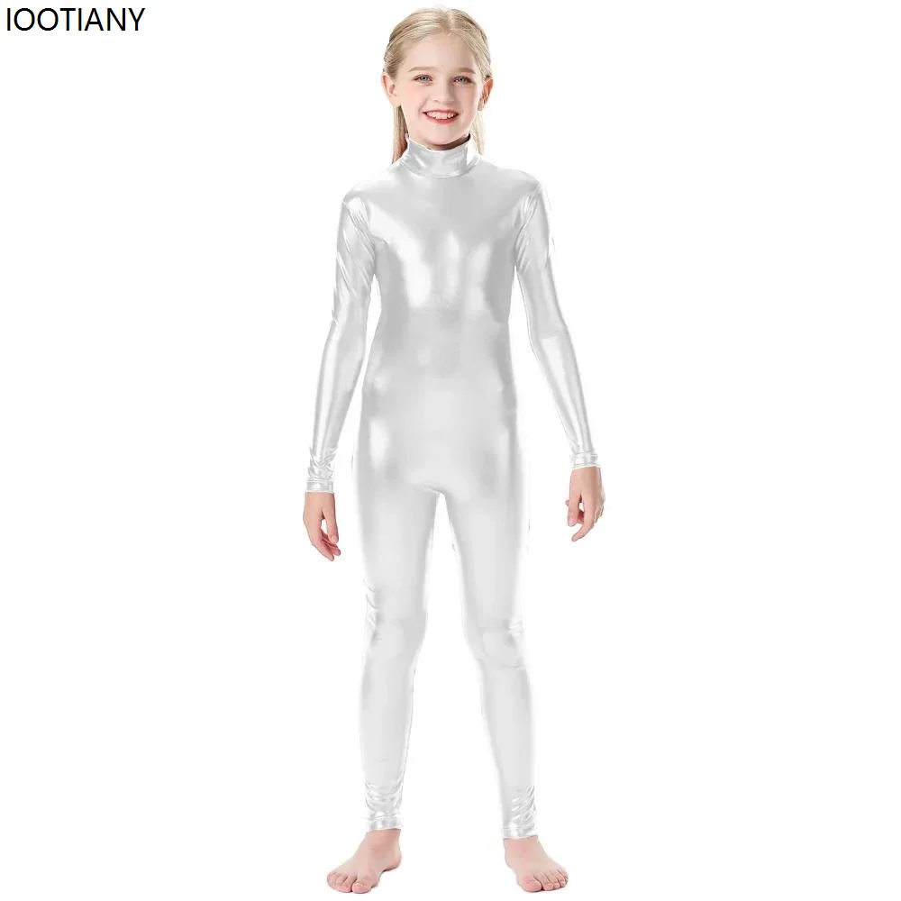 

Halloween Kids Ninja Cosplay Jumpsuit Unisex Shiny Metal Stand Collar Bodysuit Zipper Back Catsuit Carnival Party Wetlook New