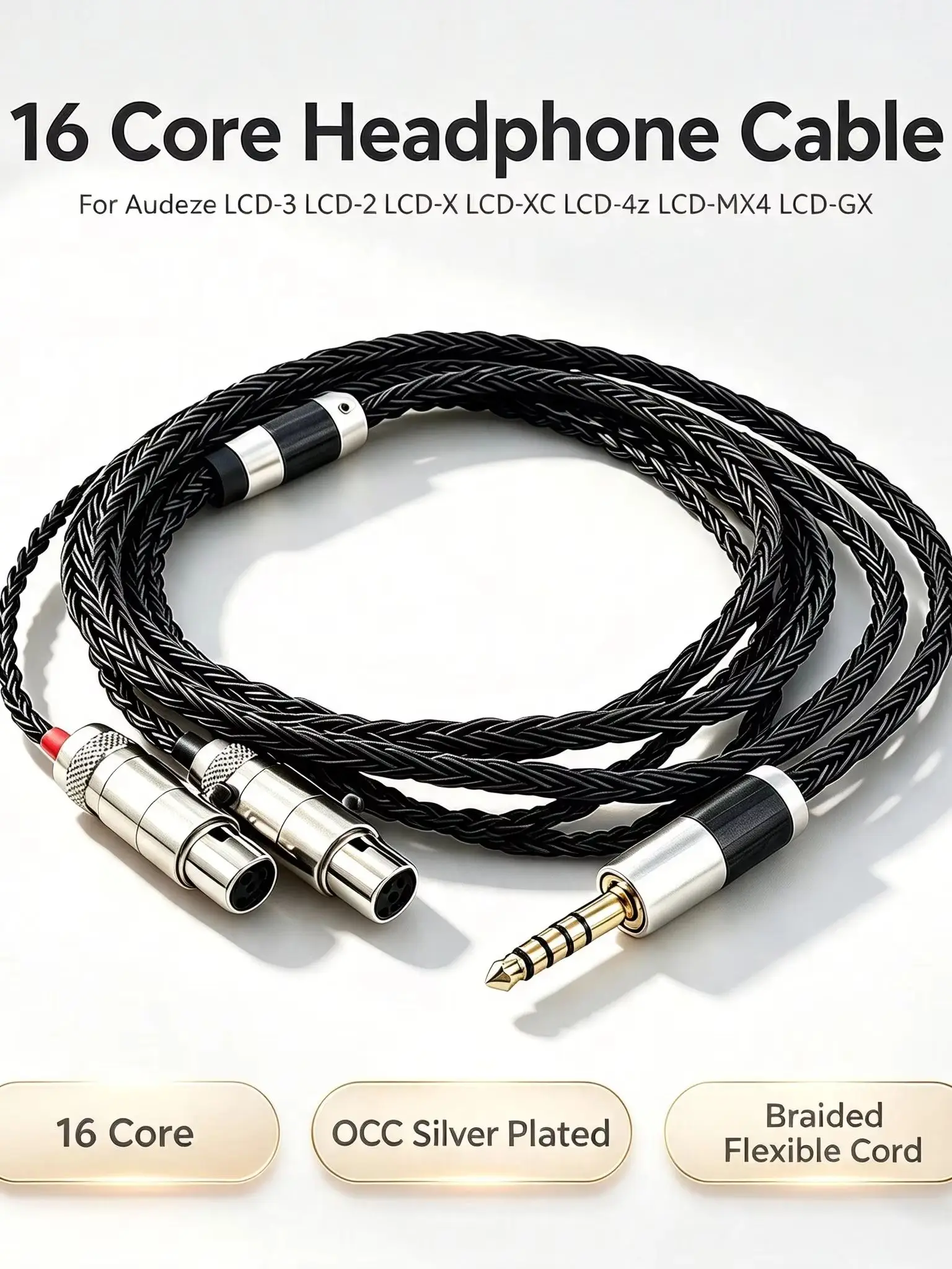 Wysokiej jakości 16-żyłowy czarny pleciony kabel słuchawkowy 7N OCC do Audeze LCD-3 LCD-2 LCD-X LCD-XC LCD-4z LCD-MX4 LCD-GX, HiFi — zdjęcie produktu 7