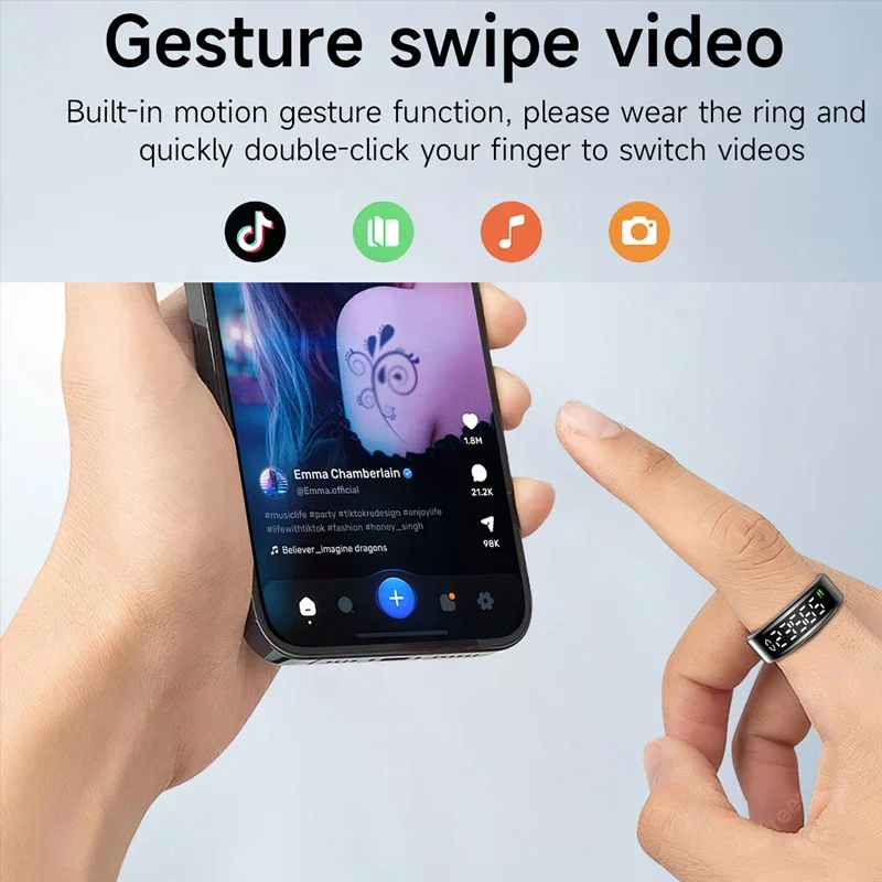 LED Display Screen Smart Ring For Men Heart Rate Blood Oxygen Sleep Monitor Brush Video 5ATM Waterproof Multi Sports Mode Ring